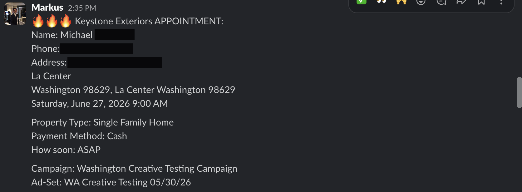 Redacted appointment booking notification from a client Slack channel