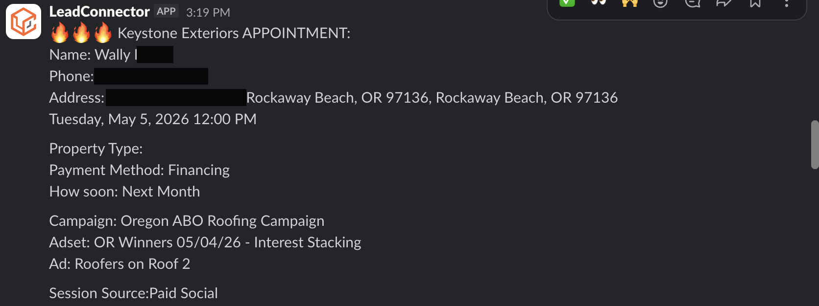Redacted appointment booking notification from a client Slack channel