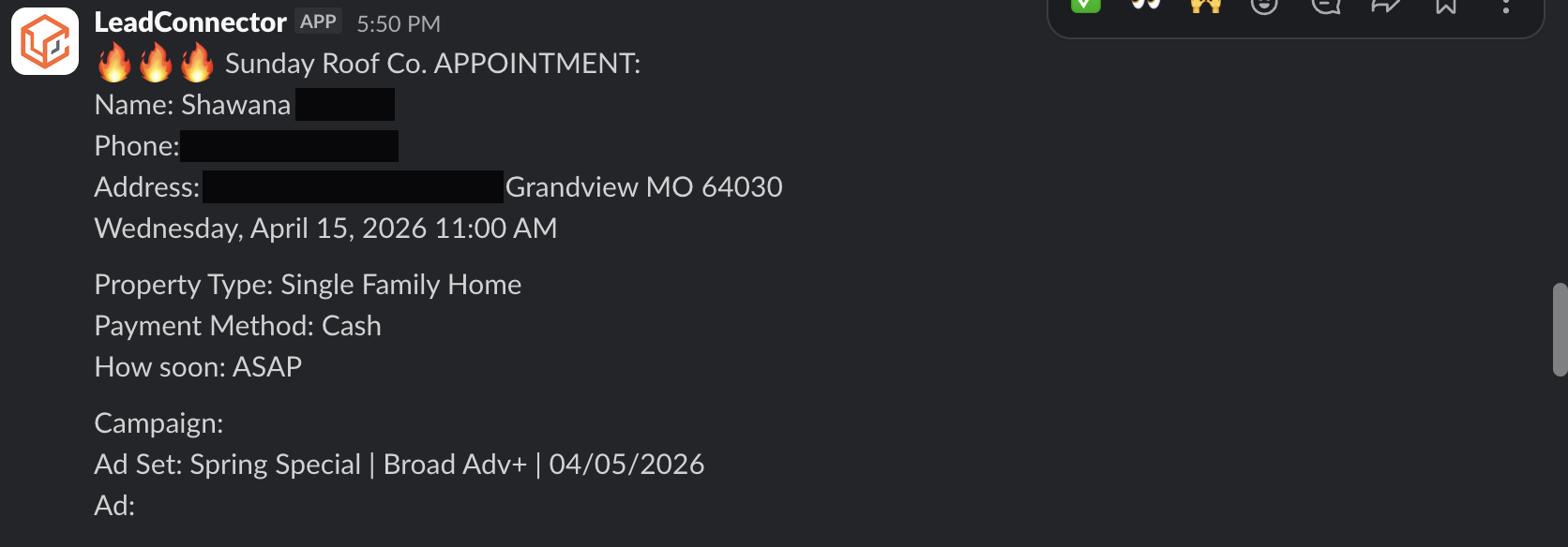 Redacted appointment booking notification from a client Slack channel