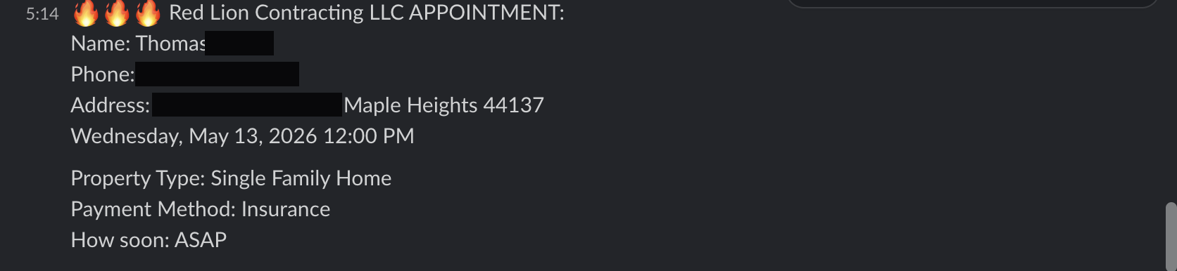 Redacted appointment booking notification from a client Slack channel