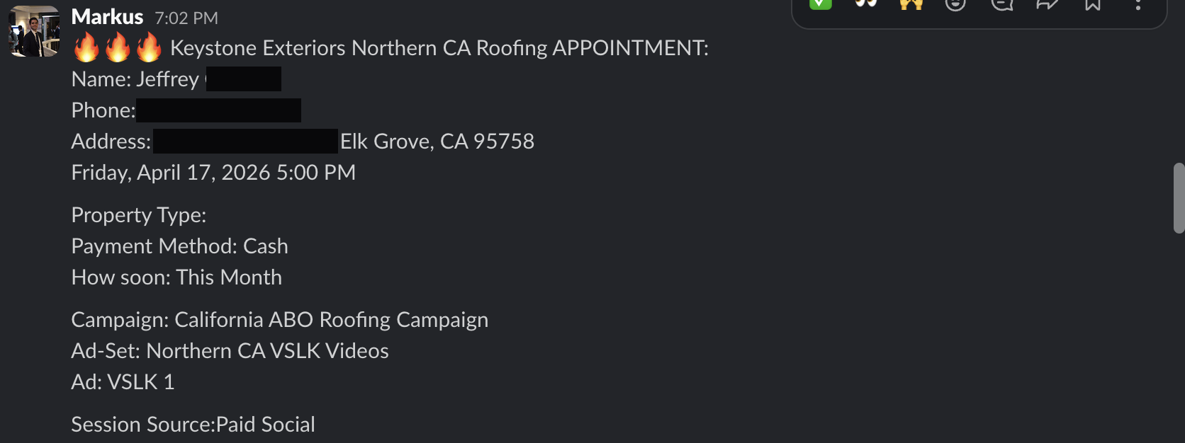 Redacted appointment booking notification from a client Slack channel