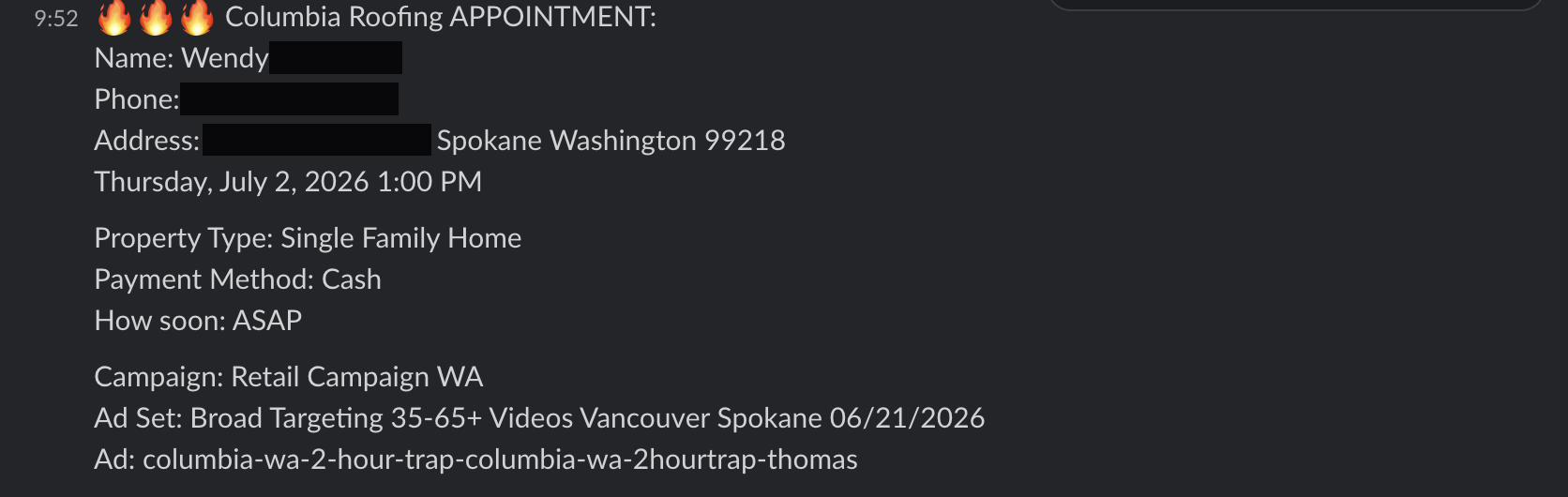 Redacted appointment booking notification from a client Slack channel