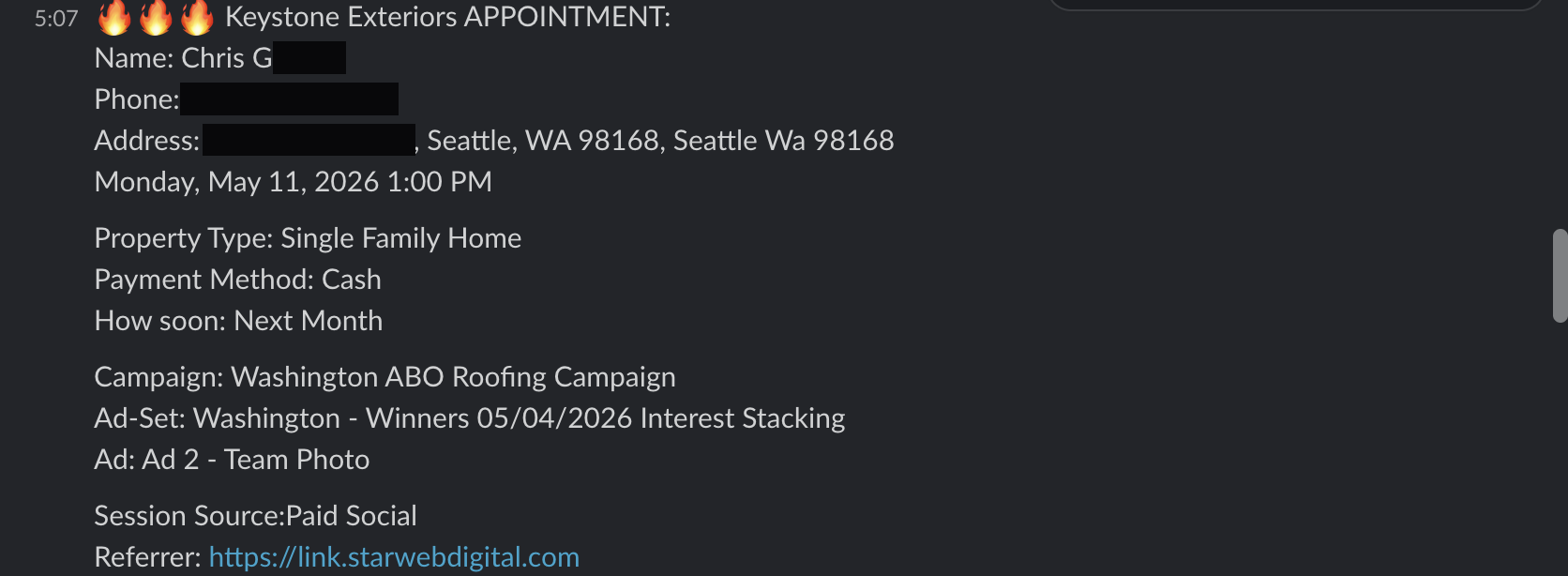 Redacted appointment booking notification from a client Slack channel