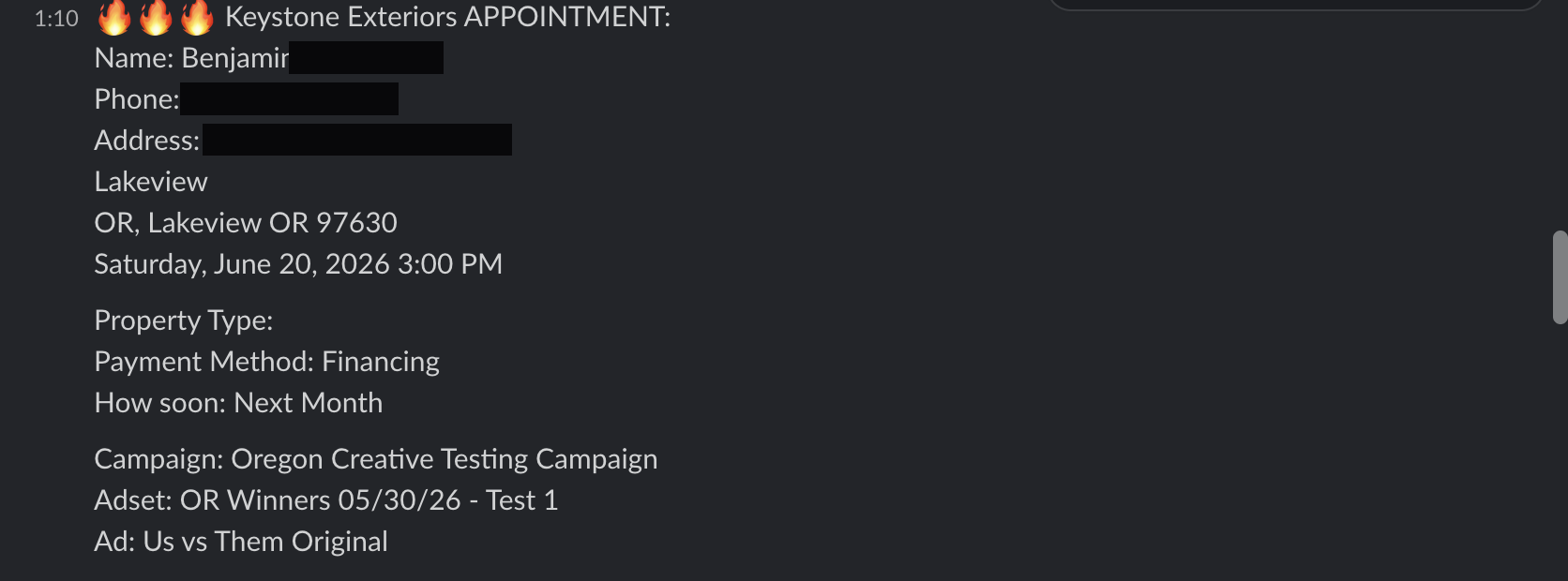 Redacted appointment booking notification from a client Slack channel