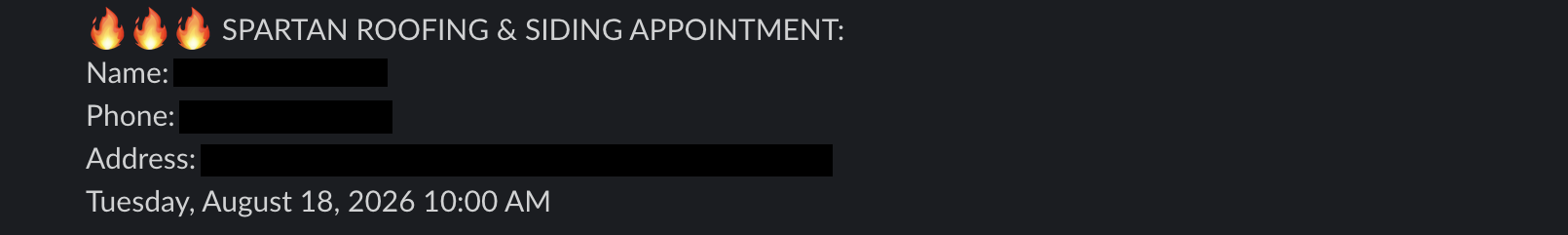 Redacted appointment booking notification from a client Slack channel