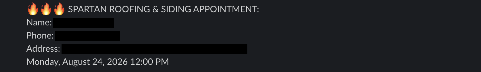 Redacted appointment booking notification from a client Slack channel