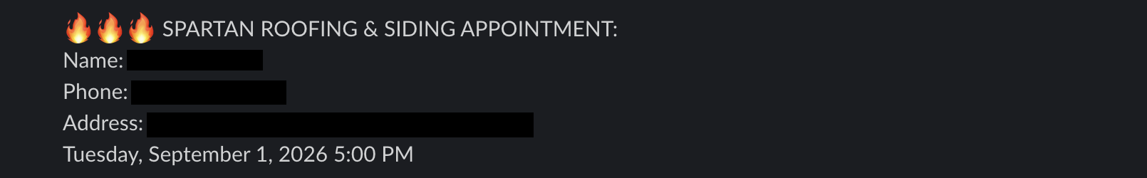 Redacted appointment booking notification from a client Slack channel