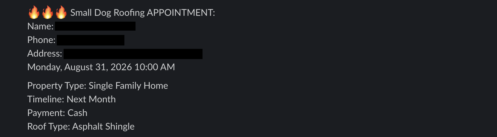 Redacted appointment booking notification from a client Slack channel