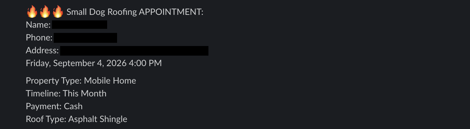Redacted appointment booking notification from a client Slack channel