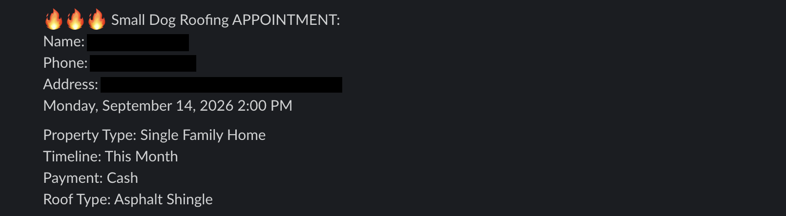 Redacted appointment booking notification from a client Slack channel