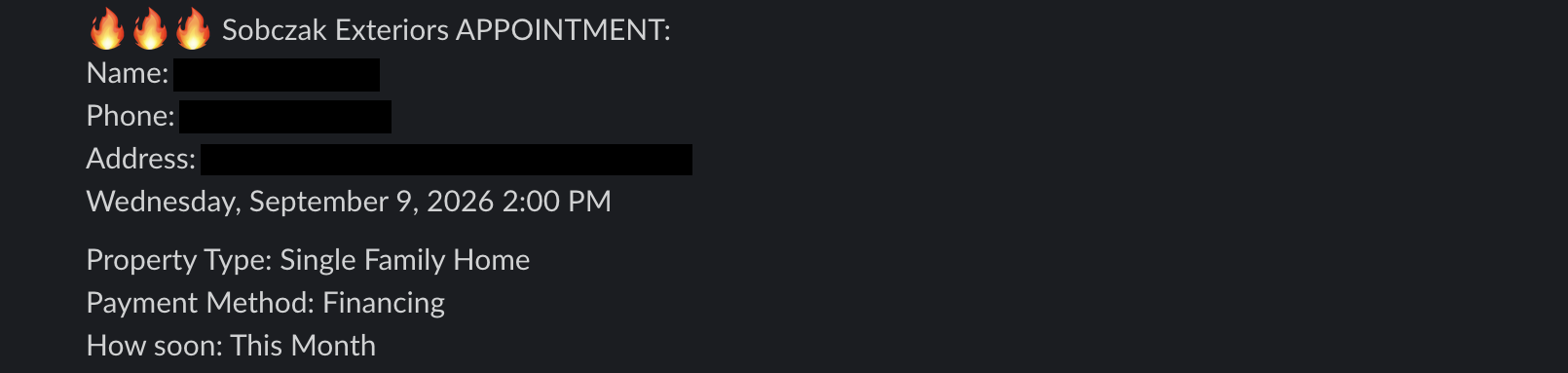 Redacted appointment booking notification from a client Slack channel