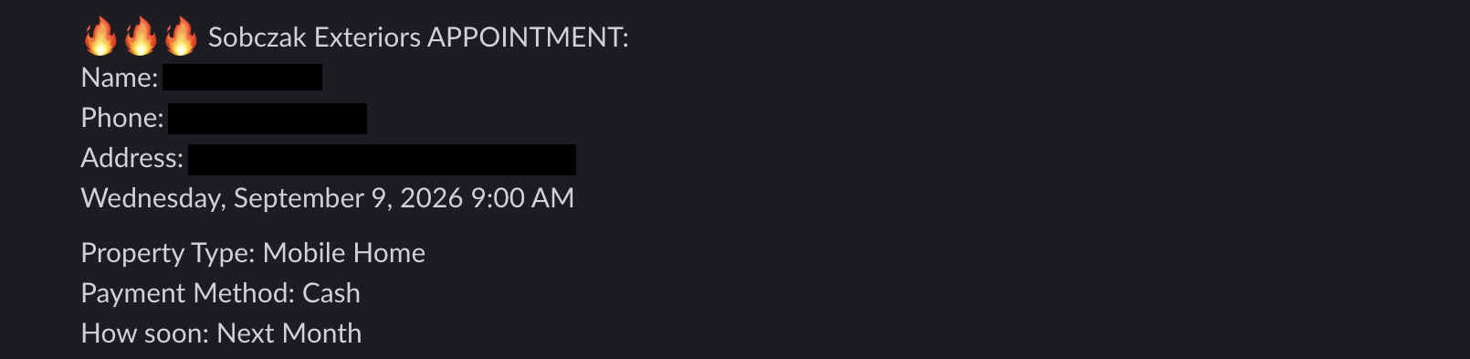Redacted appointment booking notification from a client Slack channel